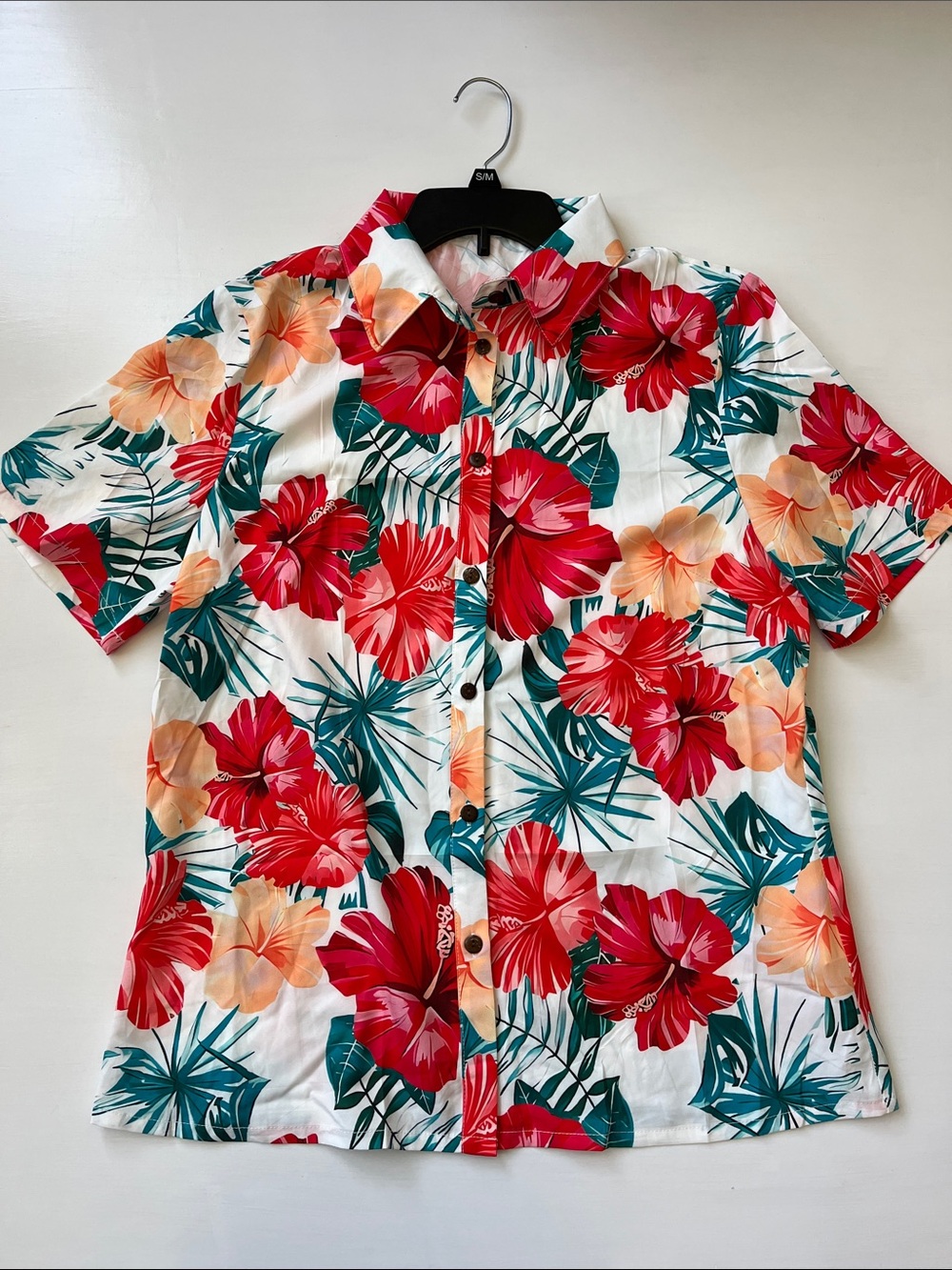 UNBRANDED Tropical Floral Short Sleeve Shirt - White with Red & Orange Flowers